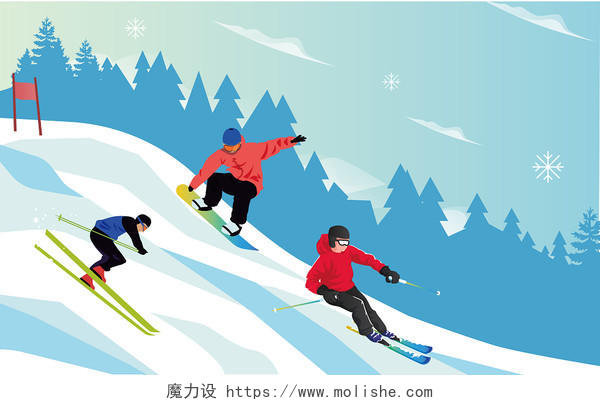 扁平风格结合冬奥会运动员为主体进行设计冬奥会滑雪项目AI插冬奥会插画